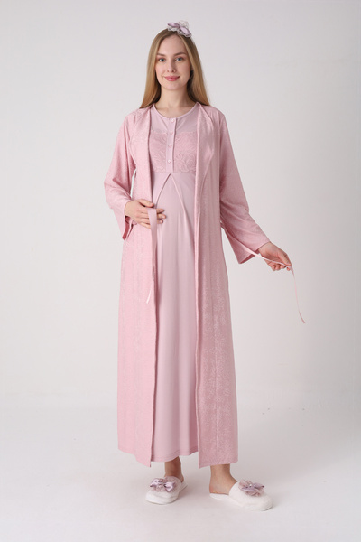 ERDENİZ TEKSTİL Νυχτικό εγκυμοσύνης με υφή σχεδίου και δαντέλα, σετ 2 τεμαχίων