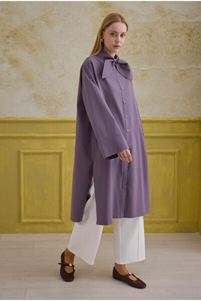 HEQA Cămașă lungă cu guler cu fundă, violet