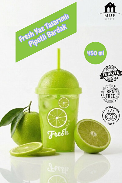 MUF HOME Fresh Yaz Tasarımlı Meyve Konseptli Kapaklı Pipetli Bardak 450 ml - ...