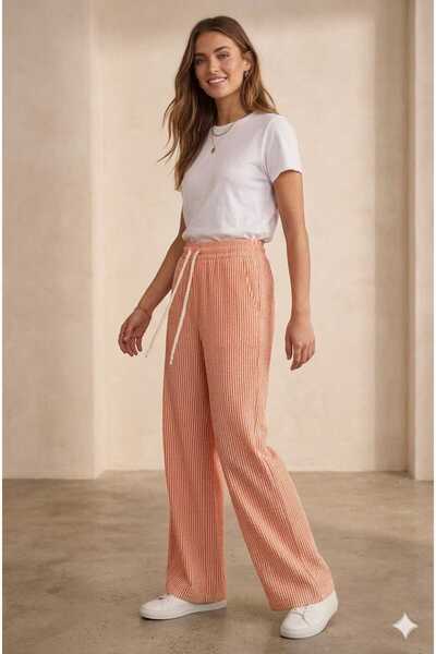 stcococix since 1990 Γυναικείο ριγέ ελαστικό παντελόνι με φαρδιά μπατζάκια