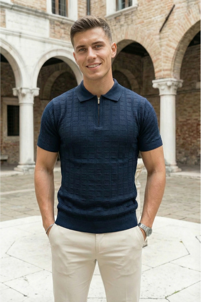 SAYZEN YOUR SHİNE Tricou bărbătesc cu guler polo și fermoar, cu model bloc