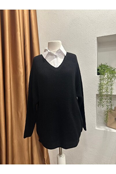 Yeka Siyah V Yaka Oversize Triko Kazak