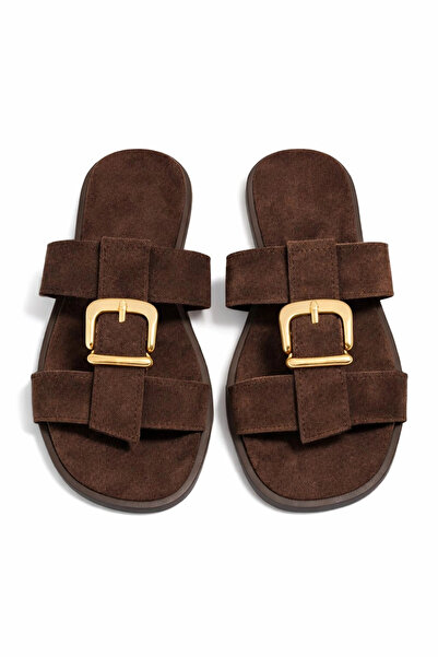 bakacstore Women's Brown Suede Fabric Gold Buckle Detailed Comfortable Sole S...