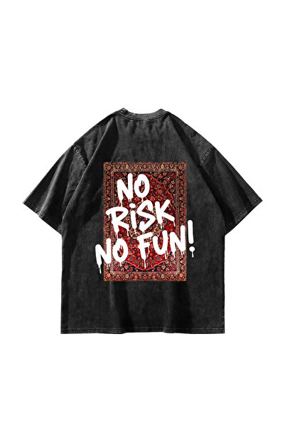 Bak Moda No Risk No Fun cu imprimeu supradimensionat Tricou negru unisex lavabil