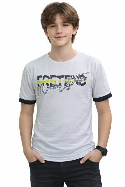 İrem Çocuk Giyim Boy's Fretend White Color Short Sleeve T-Shirt with Letterin...