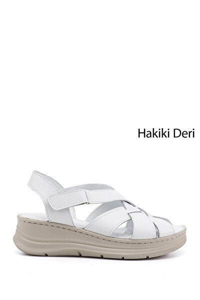 GÖNDERİ(R) Γυναικεία πέδιλα από γνήσιο δέρμα με λευκό Velcro και σφήνα τακούνια