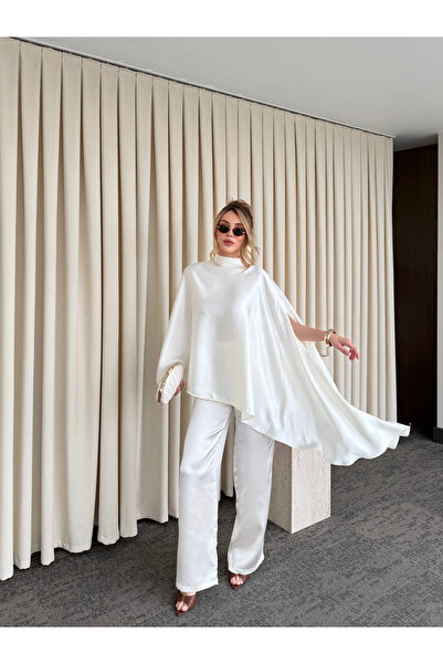 Laluvia Ecru Satin Blouse Trouser Set - 265072