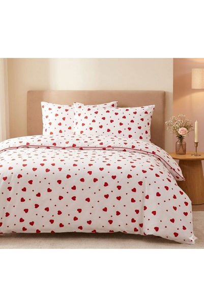 NURLATEX Double Heart Patterned Duvet Cover Set – with Elastic Sheets, Soft Texture - 180 X 200