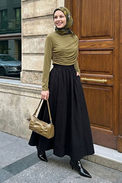 InStyle Μαύρη φούστα με ραβδώσεις και τσέπες από ύφασμα modal