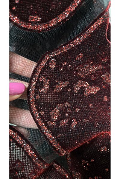 Bunoire Premium Burgundy Tulle Fabric with Velvet and Glitter Appliques - Abs...