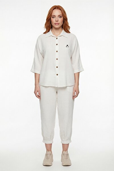 EXİTLİNE Women's White Summer Buttoned Top and Bottom Set