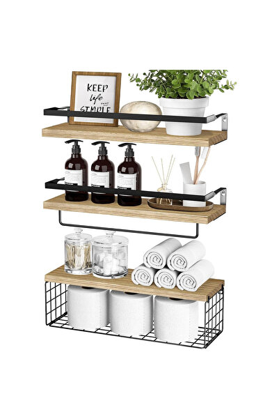 Destello ®   Σετ 3 επιτοίχιων ραφιών μπάνιου, Ξύλο και μέταλλο, ανοιχτό καφέ,...