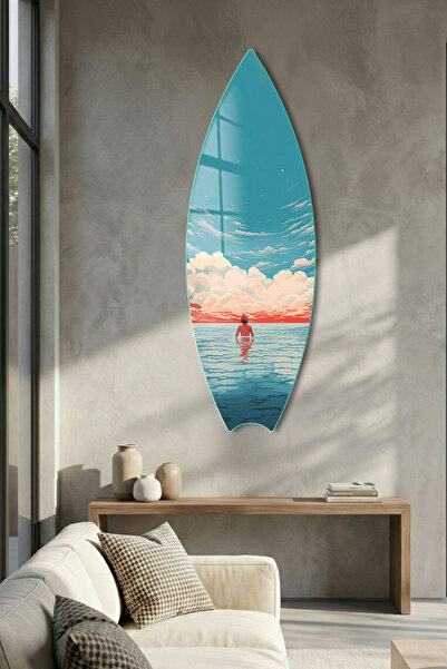 Decorita Sörf Tahtası Şekilli Modern Cam Tablo | Sonsuz Ufuk | 33cm x 99,5cm