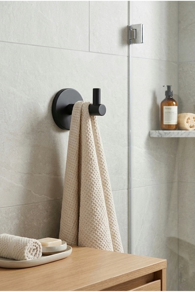 ANZA HOME Siyah Yuvarlak Yapışkanlı Metal Tekli Kanca Bornoz Banyo Askısı