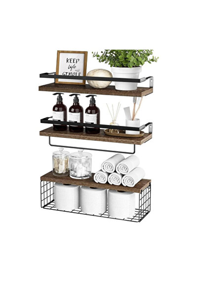 Destello ®   Σετ 3 επιτοίχιων ραφιών μπάνιου, Ξύλο και μέταλλο, Σκούρο καφέ, ...