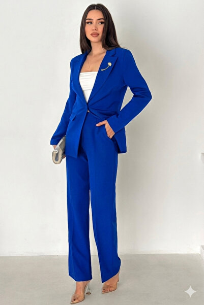 diaves Saks Mavi Broş Detay Blazer Ceket ve Pantolon Takım Elbise