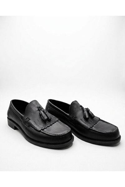 By Sabit Unisex Suni Deri Püsküllü Klasik Corcik Loafer Ayakkabı - Siyah Seri