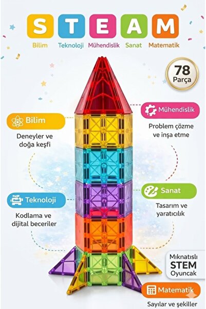 PİRAYE AKSESUAR Manyetik Lego Yapı Blokları 3D Mıknatıslı 78 Parça Çocuk İçin...