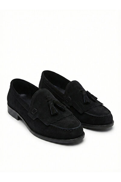 By Sabit Unisex Suni Deri Püsküllü Klasik Corcik Loafer Ayakkabı - Siyah Seri