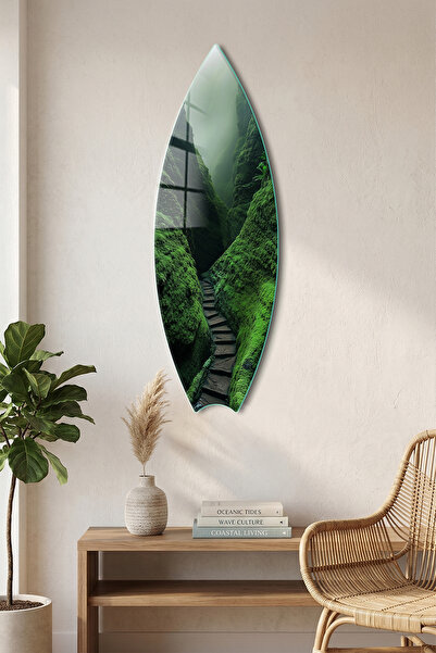 Decorita Sörf Tahtası Şekilli Modern Cam Tablo | Sisli Orman | 33cm x 99,5cm