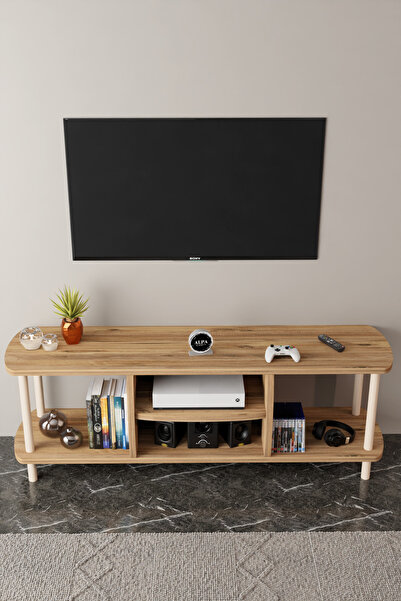 alpaevmobilya Modern TV Ünitesi Ahşap Raflı 2 Katlı 4 Raflı Televizyon Sehpas...
