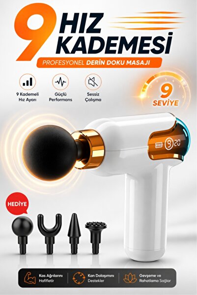 Divex 9 Kademeli Şarjlı Masaj Tabancası - LED Ekranlı, 4 Farklı Masaj Başlıklı