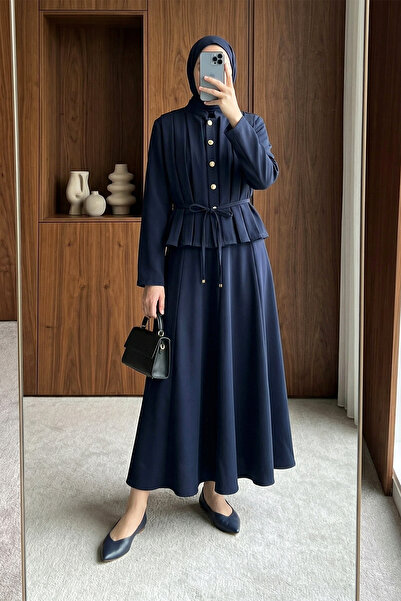 MODAQU Pleated Buttoned Skirt Crepe Suit - Navy Blue