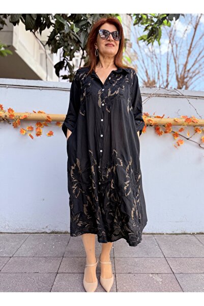 DenizEge Italian Glitter Embroidery Shirt Dress Black