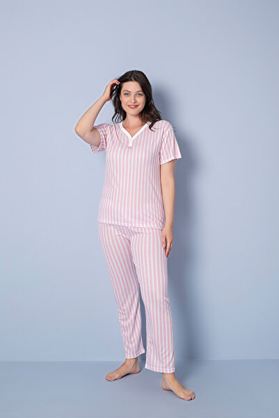 MİSSLALE Γυναικείο σετ πιτζάμες με ριγέ κοντά μανίκια από βισκόζη