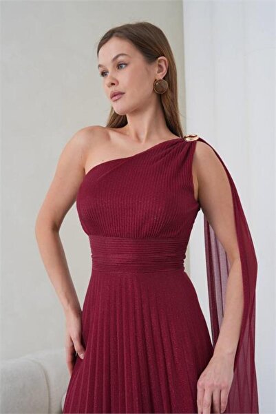 Neşeli Butik γυναικείο βραδινό φόρεμα από ύφασμα τούλι σε μπορντό χρώμα με λε...