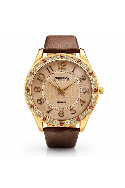 Francesca di Geneva Γυναικείο ρολόι, χρυσό, Φρανσέκα ντι Ζ'ενεύκα, καφέ λουράκι