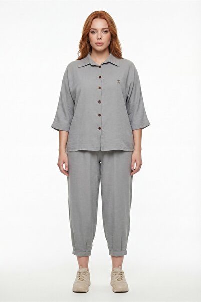 EXİTLİNE Women's Gray Summer Buttoned Top and Bottom Set