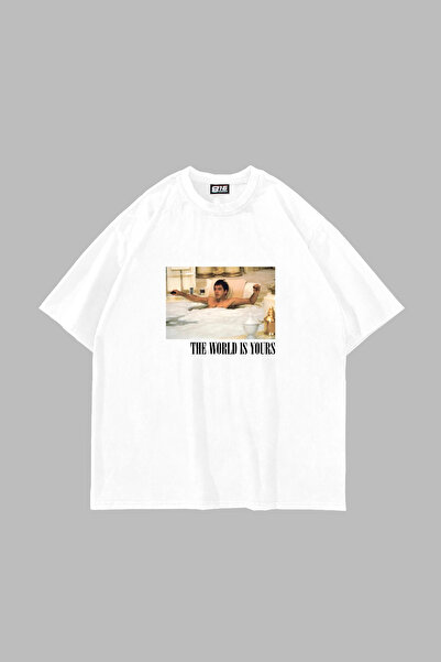 Bak Moda Ο Κόσμος Είναι Δικός Σου Τυπωμένο Oversize Unisex Λευκό T-shirt