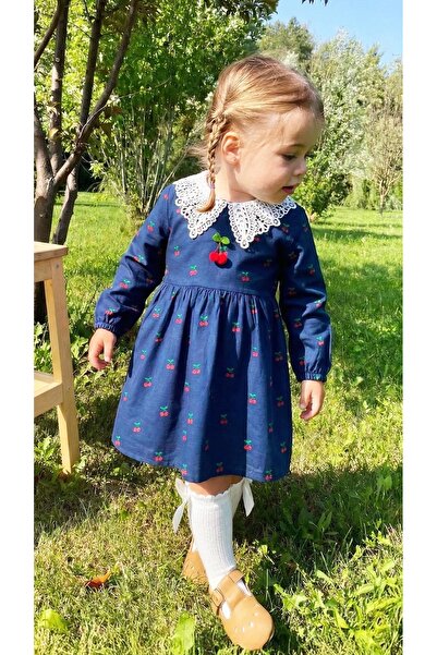 Daisy Dolly Κοριτσίστικο υφαντό φόρεμα με δαντελένιο γιακά και σχέδιο κεράσι