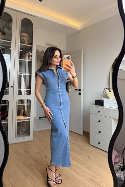 Gizem Ecemiş Kowski Lightblue Belden Oturmalı Denim Elbise