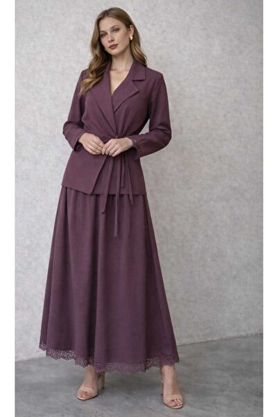 Mikxim Lace Detailed Tie-Front Skirt and Jacket Double Linen Set