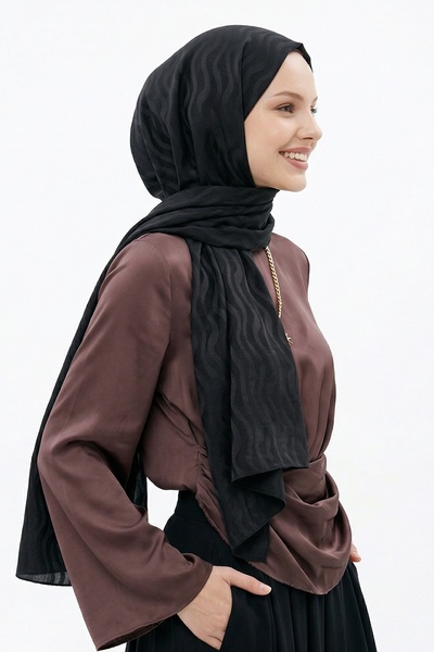 InStyle Șal din bumbac jacquard negru cu model valuri