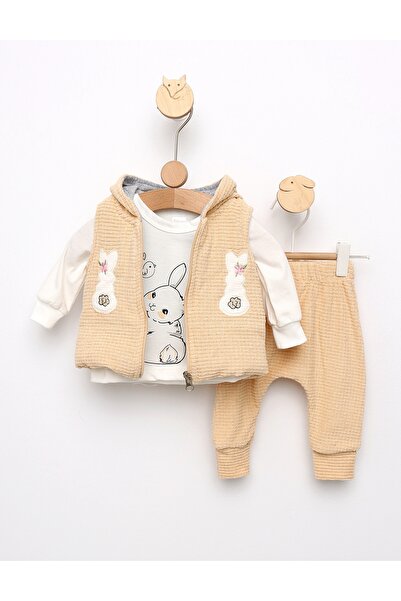 MiniKids Σετ 3 τεμαχίων με ανάγλυφο γιλέκο σε χρώμα φυσικής κρέμας