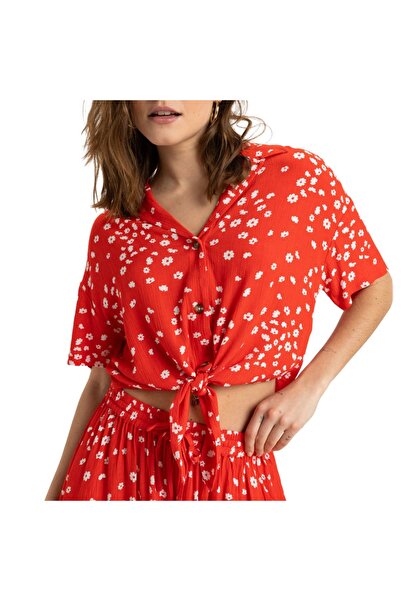 Roxy Αλμυρό Γλυκό Υφαντό Τοπ Κόκκινο Παπαρούνας Χορευτικό Μικρό Σχέδιο Μ