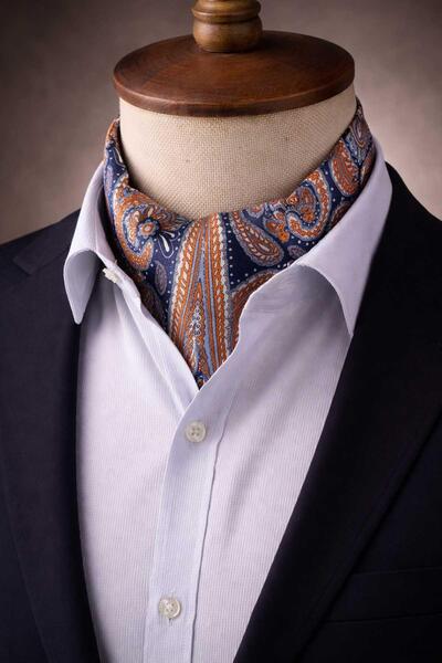 Kravatkolik Σχέδιο σάλιου Ναυτικό μπλε - Πορτοκαλί Ιταλική μεταξωτή γραβάτα A...