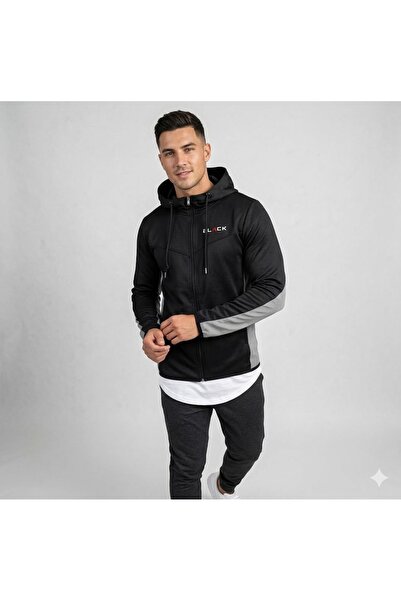 NOFLEN Ανδρικό μπουφάν με στάμπα λογότυπου, σε γκρι χρώμα και μαύρο, με φερμουάρ