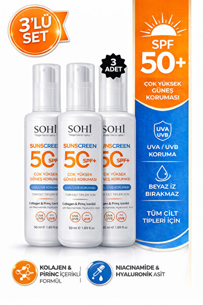 SOHİ SPF 50+ Güneş Kremi 3’lü Set | Çok Yüksek Koruma | 50 ml x3
