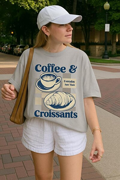 BENROMA Μπλουζάκι με στάμπα κρουασάν καφέ, oversized unisex μπλουζάκι 1PV6