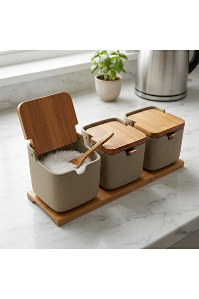 Destello ®   Σετ 3 βάζων για καρυκεύματα, Κεραμικό και μπαμπού, Σκούρο Γκρι, ...