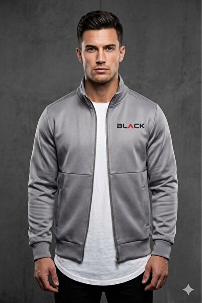 NOFLEN Men's Logo Printed Scuba Gray Black Zippered Jacket