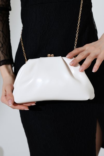 BALANZ BEYAZ KADIN ZİNCİR ASKILI ABİYE ŞIK MİNİMAL DRAPELİ KLİPSLİ CLUTCH DÜĞÜN NİŞAN DAVET GECE EL ÇANTASI