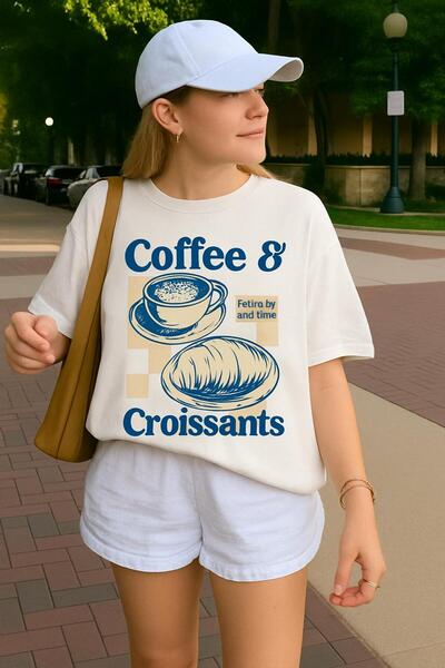 BENROMA Μπλουζάκι με στάμπα κρουασάν καφέ, oversized unisex μπλουζάκι 1PV6
