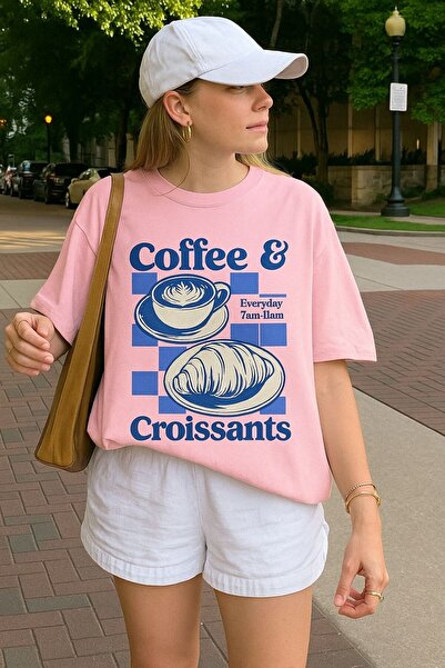 E-ROMA Μπλουζάκι με στάμπα κρουασάν καφέ, oversized unisex μπλουζάκι 1PV6