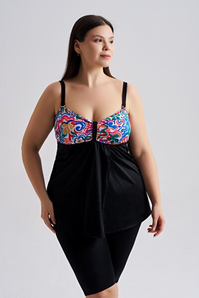 AQUAVİVA Γυναικείο Μαύρο Φλοράλ Σχέδιο Olivia με διπλό στήθος, μεγάλο μέγεθος