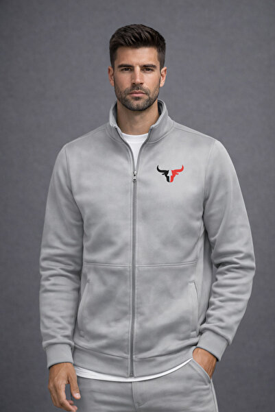 NOFLEN Men's Logo Printed Scuba Gray Black Zippered Jacket